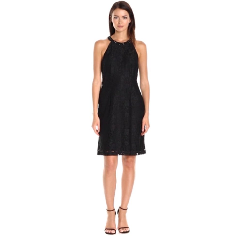 Nine West Delicate Flower-Lace Sleeveless A-Line Dress Size 8 Black